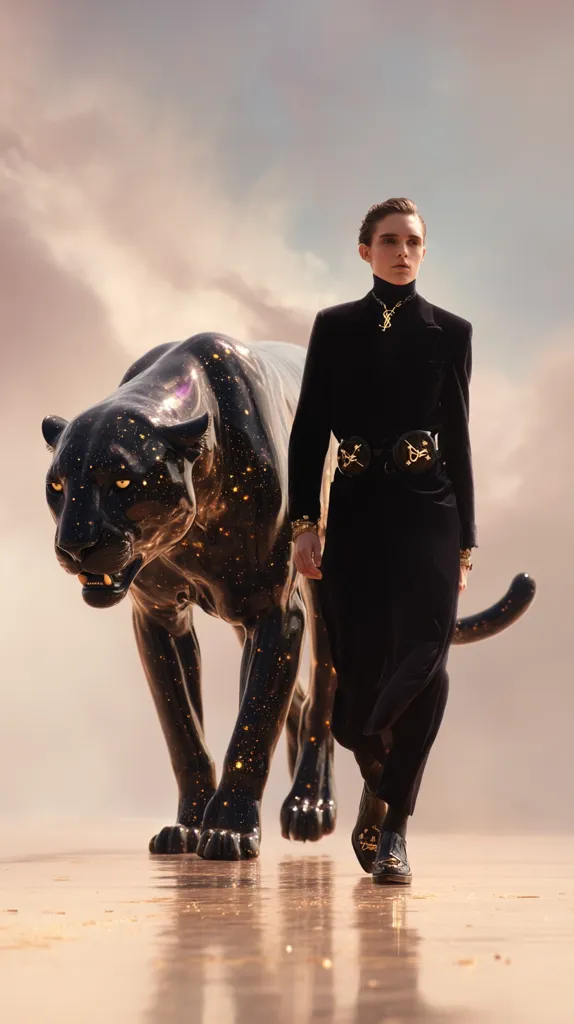 A fashion model in a black long-sleeved dress and black boots walks alongside a large, black panther statue. The panther is depicted with a cosmic, starry texture. The scene is set on a reflective, sandy surface under a cloudy sky. The overall aesthetic is dark, luxurious, and slightly surreal.  The model wears gold jewelry, including a prominent necklace.