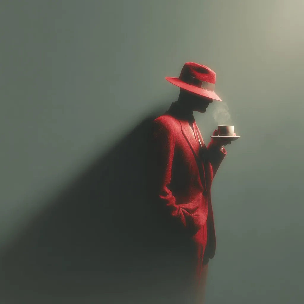 A stylized portrait showcases a faceless figure in a vibrant red suit and matching fedora.  The individual is subtly depicted holding a steaming cup, creating a mood of mystery and quiet contemplation.  The muted background emphasizes the bold red of the attire, and the overall composition suggests a sense of retro style and intrigue.