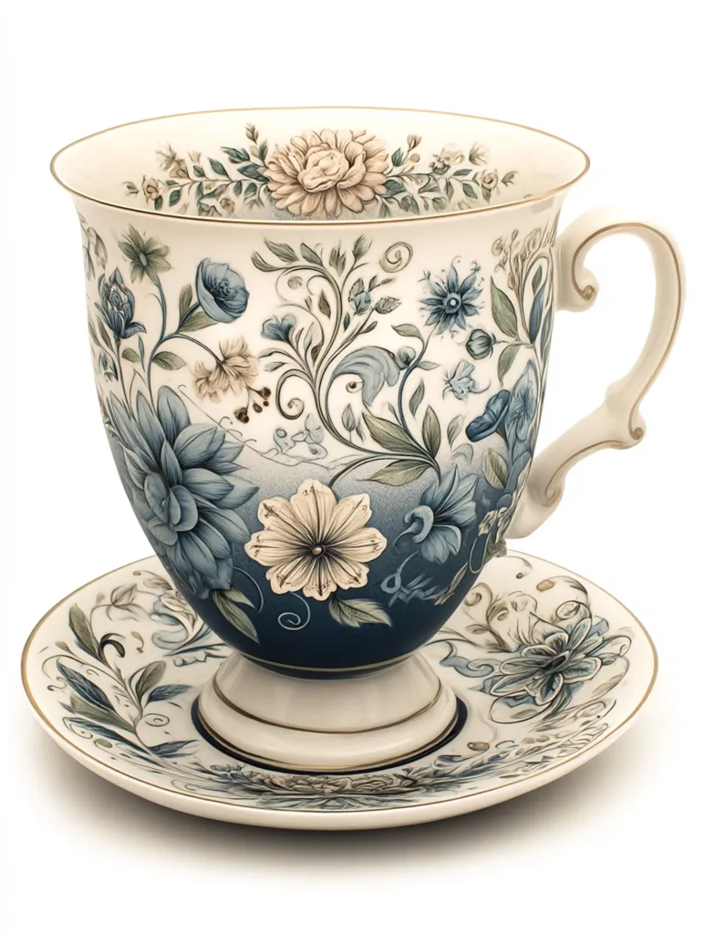 An elegant teacup and saucer set, adorned with a delicate floral design.  The porcelain features a navy blue base with cream and blue flowers, leaves, and swirling stems.  Gold accents highlight the rim of the cup and saucer, adding a touch of luxury. The cup has a footed base and an ornate handle.  The overall style is romantic and refined.