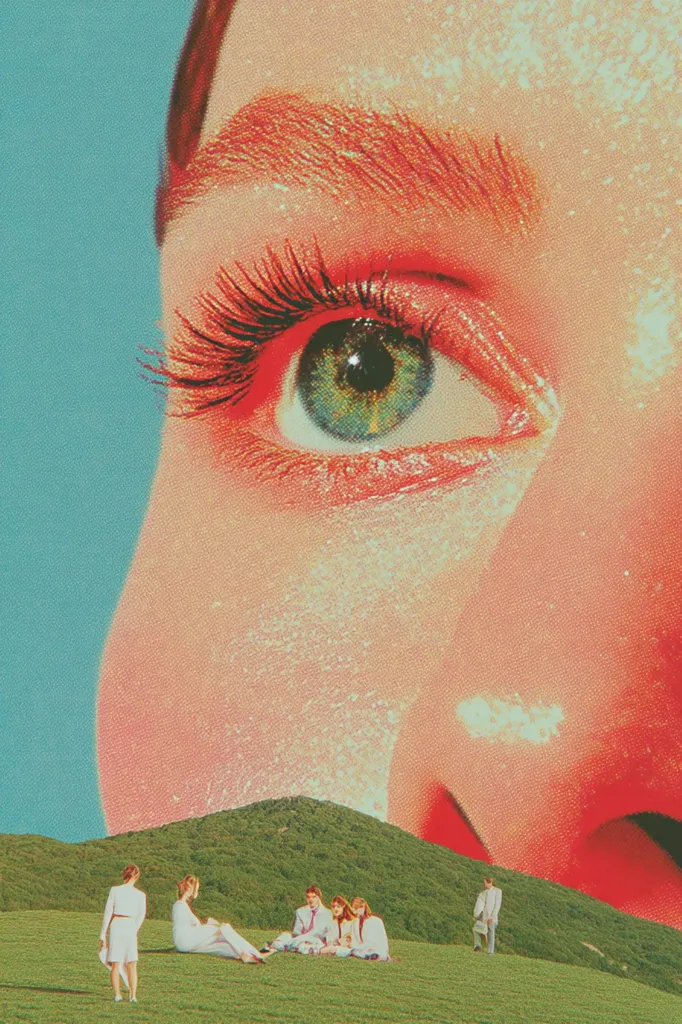 A vibrant, surreal collage features a close-up of a woman's eye, its warm tones dominating the upper portion.  Below, a tranquil scene unfolds: a group of young adults relaxes on a grassy hill beneath a clear sky. The juxtaposition creates a dreamlike atmosphere, contrasting the intimacy of the eye with the expansive landscape. The overall effect is one of whimsical juxtaposition and serene beauty.