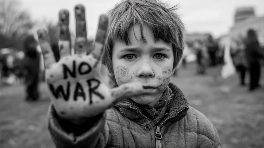 A young boy, his face smudged with dirt, holds up his hand, palm outward, with "NO WAR" written on it.  The black and white image emphasizes the seriousness of his plea against conflict.  Blurred figures in the background suggest a protest or demonstration, highlighting the child's participation in a larger movement for peace. His expression is somber, conveying the gravity of the situation.