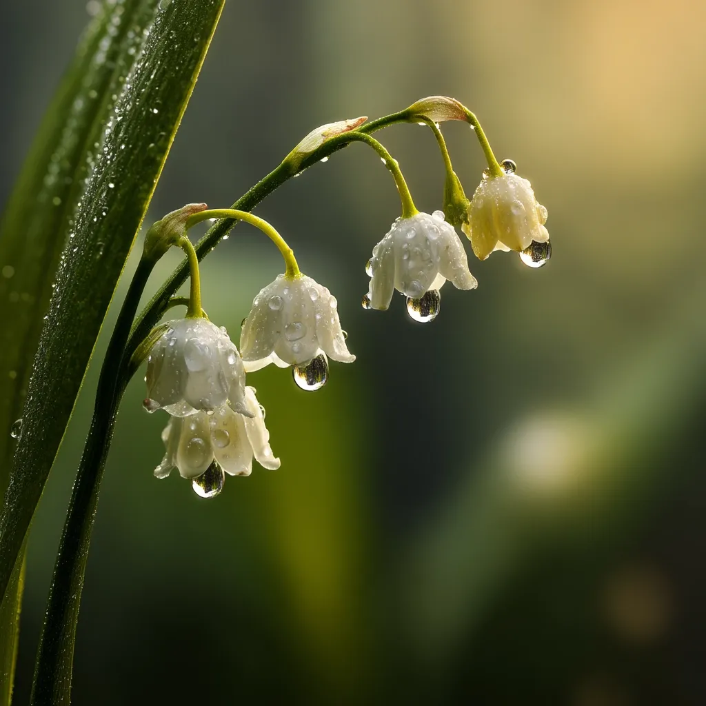 A close-up shot showcases delicate lily of the valley blossoms adorned with glistening raindrops.  The white flowers hang gracefully from slender green stems, their petals reflecting the light.  A verdant leaf, also speckled with moisture, forms a backdrop, creating a tranquil and serene natural scene. The background is softly blurred, emphasizing the flowers' exquisite detail.