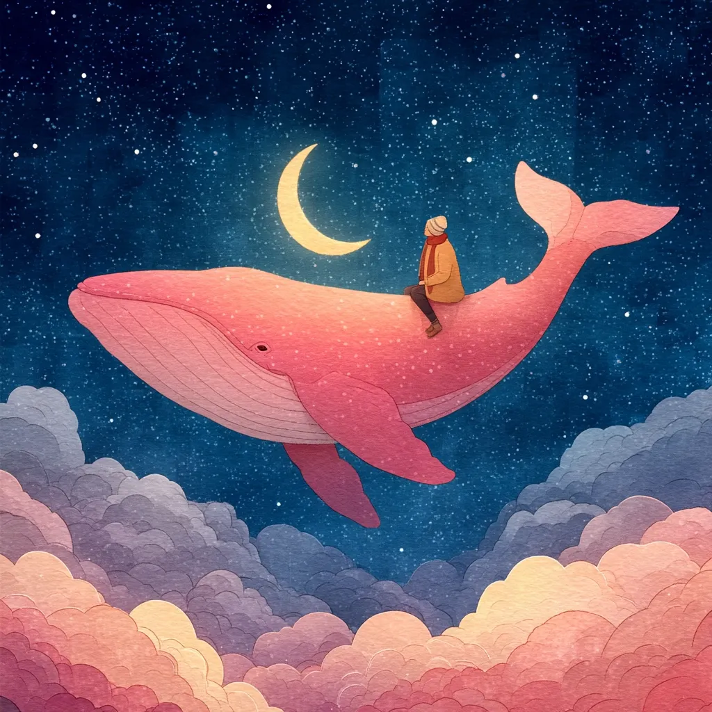 A whimsical illustration depicts a person sitting atop a large, pink whale soaring through a night sky dotted with stars and a crescent moon.  Soft, pastel clouds form a sea below the whale, creating a dreamy and serene atmosphere. The style is reminiscent of children's book illustrations, evoking a sense of wonder and magical flight.