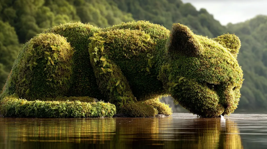 A meticulously crafted topiary in the shape of a feline creature, seemingly a panther or large cat, is depicted drinking from a calm body of water. The figure is entirely covered in lush, vibrant green moss and other vegetation, creating a lifelike texture against the backdrop of a tranquil forest and hills. The reflection of the creature and its surroundings is mirrored in the still water.