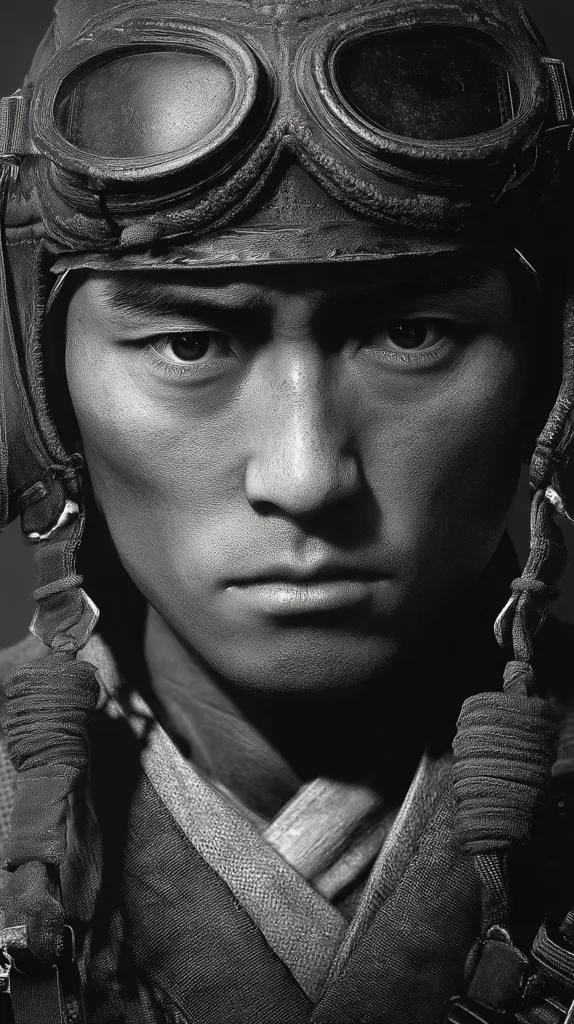 A black and white close-up portrait of a man wearing a leather aviator helmet and goggles. His expression is serious, almost stern. The image is sharply focused on his face, highlighting his strong features and intense gaze. The texture of the leather helmet and the man's clothing are clearly visible.  The overall mood is one of intensity and determination.