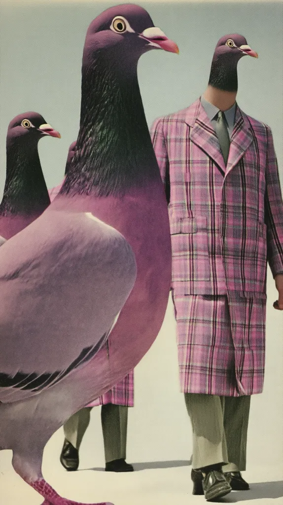 A surrealist collage features three pigeons.  The largest pigeon dominates the foreground, while a smaller pigeon is partially visible behind it.  A third pigeon's head and neck are attached to a human body wearing a pink plaid coat and trousers, walking. The overall color palette is muted pinks and purples, creating a whimsical and slightly unsettling atmosphere. The image is a creative juxtaposition of animal and human forms.