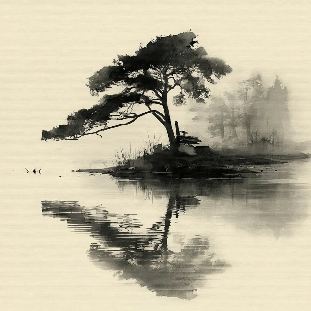 A serene monochrome painting depicts a solitary tree on a small island, its branches reaching towards a calm body of water. The tree's reflection is mirrored perfectly in the still lake.  A misty forest forms a backdrop, adding to the peaceful and contemplative mood. The overall style evokes a sense of tranquility and suggests an East Asian artistic influence, possibly Sumi-e.