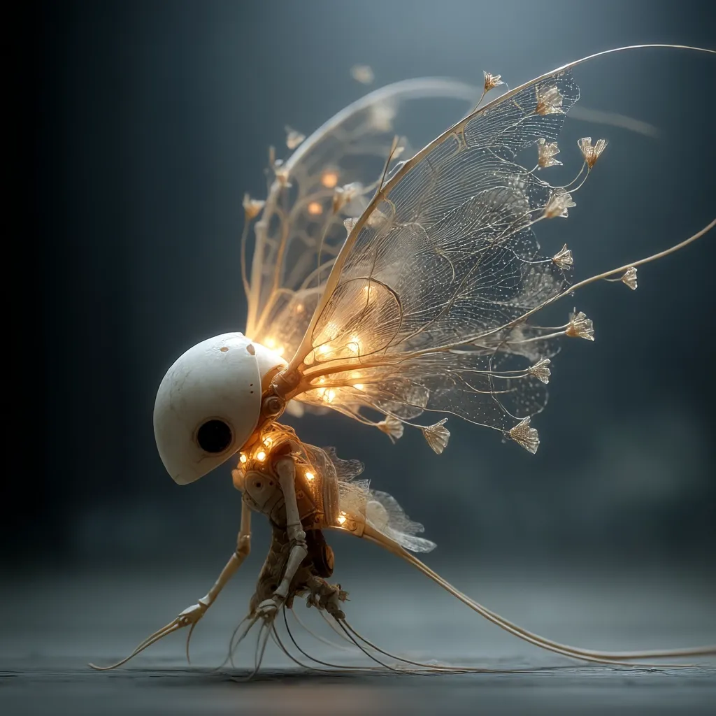 A delicate, bioluminescent robotic creature with large, translucent wings adorned with tiny lights.  Its body is skeletal and slender, with a rounded white head.  The creature's thin, spindly legs and long tail-like appendage rest on a dark surface, creating a striking contrast against its ethereal glow. The overall aesthetic is one of delicate beauty and futuristic fantasy.