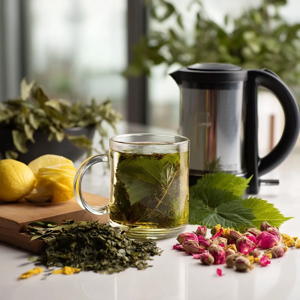 A clear glass mug filled with herbal tea sits on a white surface next to a stainless steel electric kettle.  Loose leaf tea, dried rosebuds, and lemon slices are arranged nearby on a wooden cutting board.  Green leaves of the herb used in the tea are also visible, suggesting a homemade or freshly prepared beverage. The scene is softly lit, creating a calm and inviting atmosphere.