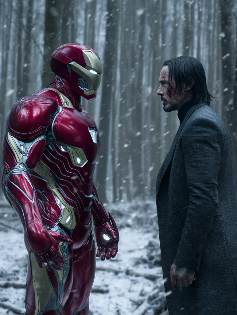 Iron Man, in his iconic red and gold armor, stands facing Keanu Reeves, who appears wounded.  Snow falls softly in a wintry forest setting.  The two figures are positioned in a tense standoff, their expressions serious and suggesting an imminent confrontation or a significant moment of shared understanding. The contrast between the technological marvel of Iron Man and the human vulnerability of Reeves is striking.