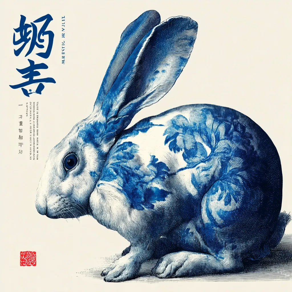 A detailed illustration showcases a rabbit adorned with a striking blue and white pattern, reminiscent of traditional Chinese porcelain. The rabbit's fur is predominantly white, with intricate blue designs covering its body, creating a captivating contrast.  The image's style suggests a blend of vintage printmaking and contemporary art, evoking both classic elegance and modern aesthetics.  The Chinese characters add an element of cultural significance.