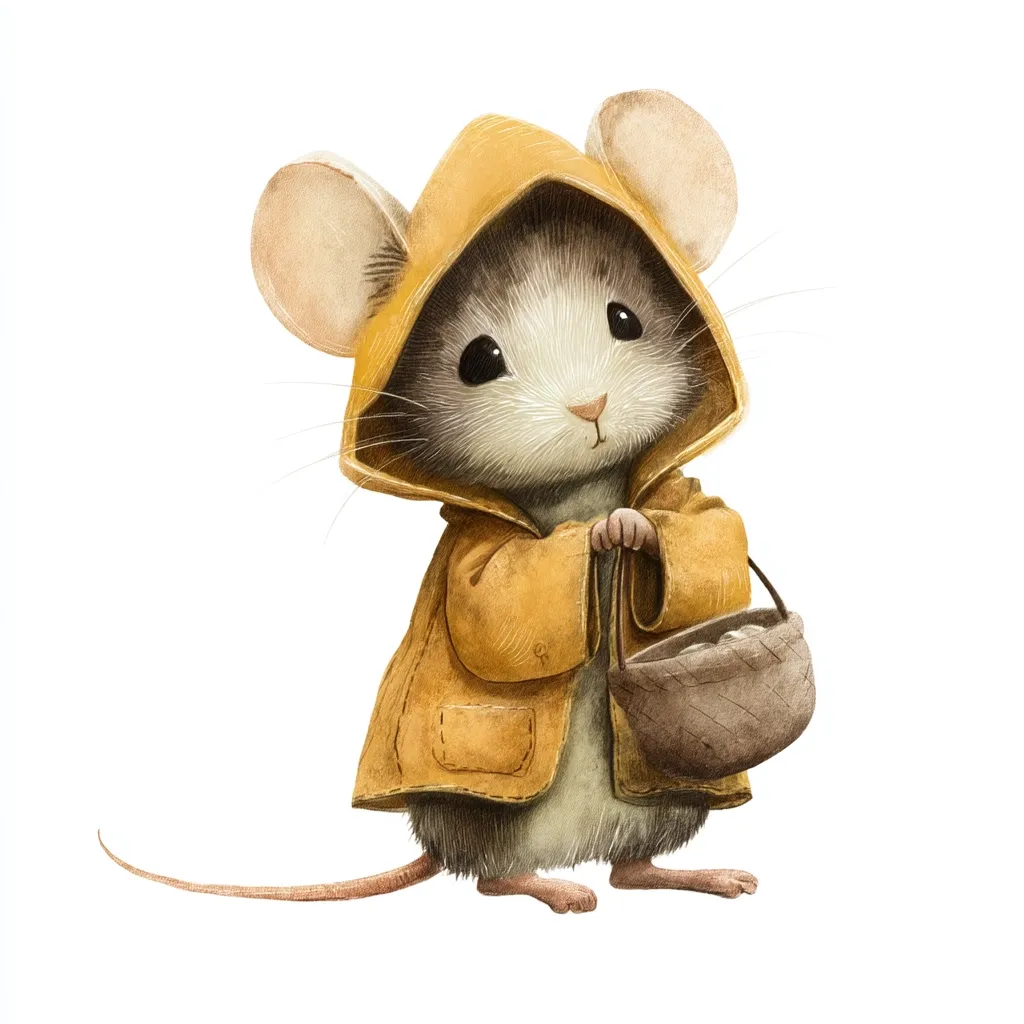 An adorable illustration of a little mouse wearing a yellow raincoat and carrying a small basket.  The mouse has large ears and expressive eyes, and its tiny paws grip the basket's handle.  The style is watercolor-like, soft and charming, creating a whimsical and endearing image. The mouse appears to be on a foraging adventure.
