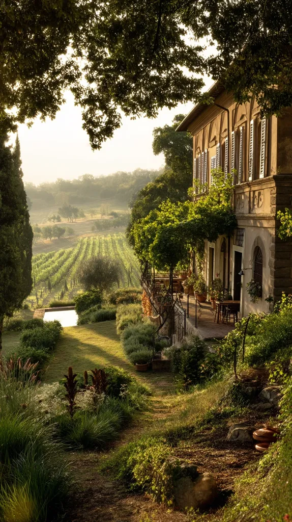 A sun-drenched Tuscan villa sits majestically overlooking rolling vineyards.  The golden stone building boasts a charming veranda, shaded by lush greenery.  A meticulously landscaped garden leads down to a reflecting pool, creating a tranquil and idyllic scene. The soft morning light bathes the entire landscape in a warm, inviting glow.  The peaceful vista exudes a sense of calm and serenity.
