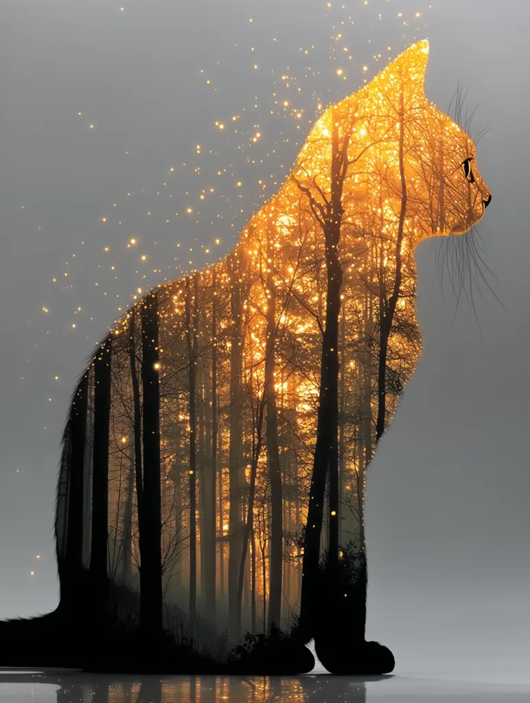 A captivating image showcasing a cat's silhouette superimposed onto a sun-dappled forest scene.  Golden light filters through the trees, creating a magical effect.  Fireflies or glowing particles add to the ethereal atmosphere. The cat appears serene and at one with the enchanting woodland within.  The overall impression is one of mystical beauty and tranquility.