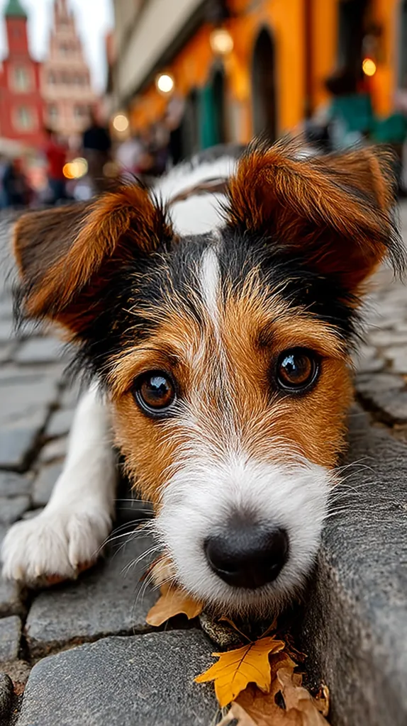 A charming, young dog with tri-colored fur – white, brown, and black – rests on a cobblestone street. Its large, expressive eyes and fluffy ears are prominent. The dog's nose is black, and its paws are white.  Autumn leaves lie near its face, adding to the cozy scene.  The background is a softly blurred city street.