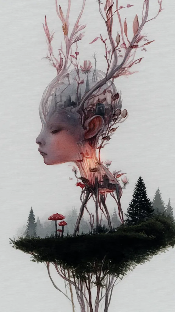 A watercolor painting depicts a surreal creature, its head a transparent vessel containing a cityscape, adorned with delicate, branching antlers of pink blossoms.  The body is a network of dark, spindly legs supporting a small, forested island with red mushrooms. The overall style is ethereal and dreamlike, evoking a sense of mystery and interconnectedness between nature and urban life.