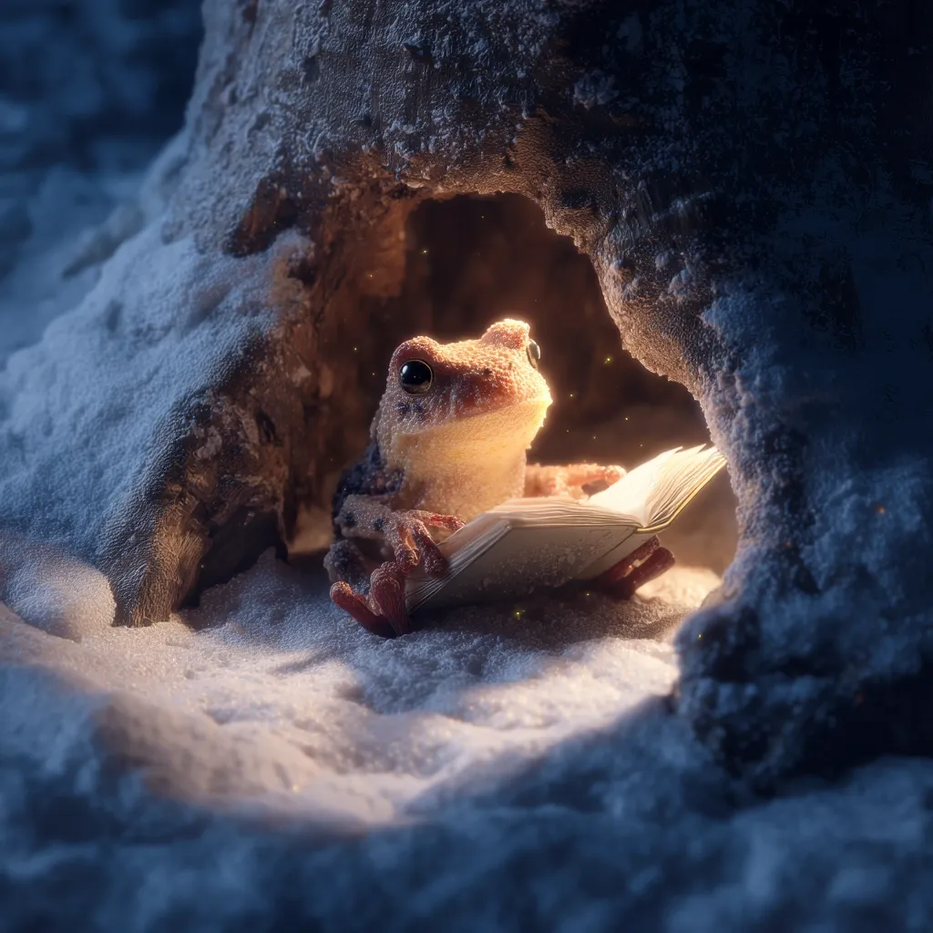 A whimsical illustration depicts a frog nestled in a snow-covered nook, illuminated by a soft glow emanating from an open book it holds.  The frog appears engrossed in its reading, creating a charming and serene winter scene. The detail is striking, suggesting a magical, fairytale-like setting.