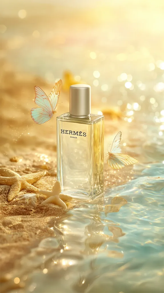A bottle of Hermès Eau de Parfum sits on a sandy beach, bathed in warm sunlight.  Two delicate, light-blue butterflies flutter nearby.  Starfish rest on the sand, and the gentle lapping of ocean waves creates a tranquil and luxurious scene. The overall aesthetic is serene and evokes a sense of summer relaxation.