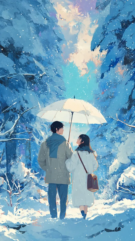 A romantic anime-style illustration depicts a couple walking hand-in-hand through a snowy forest.  They share a tender gaze under a white umbrella, the soft light filtering through the snow-laden trees. The artwork's color palette is predominantly cool blues and whites, creating a serene and wintery atmosphere.  The style is painterly, with visible brushstrokes adding texture to the snow and the characters' clothing.