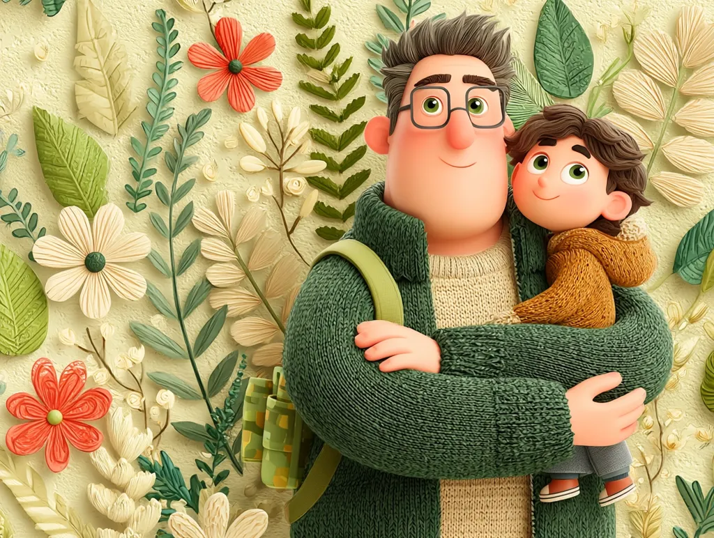 A heartwarming illustration depicts a father and son embracing amidst a vibrant floral backdrop.  The father, wearing a green knit sweater and glasses, holds his son close. The son, also in a sweater, rests comfortably against his father.  The artwork is characterized by its soft, 3D-like textures and pastel color palette, creating a gentle and loving atmosphere.  The background features intricately detailed flowers and leaves, enhancing the overall whimsical charm.