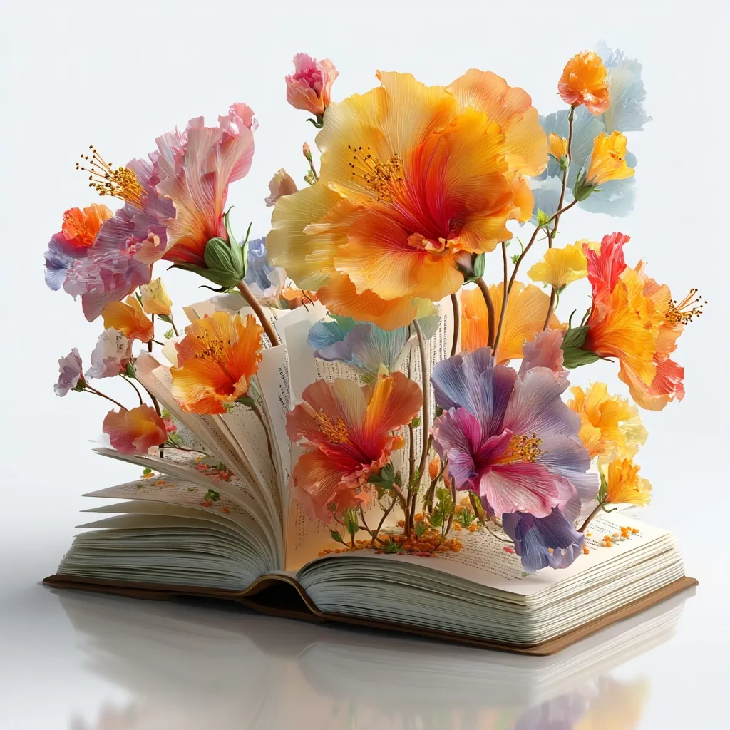 A vibrant bouquet of hibiscus flowers in various colors, including orange, pink, and purple, bursts from the pages of an open book. The flowers are meticulously detailed, appearing almost lifelike. The book lies open, revealing its creamy pages, creating a striking contrast with the vivid blossoms.  The image suggests a magical or surreal scene, blending nature and literature.