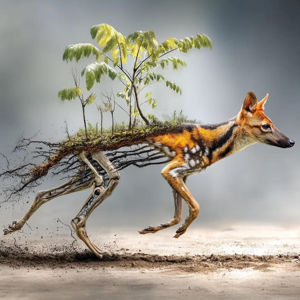 A surreal digital artwork depicts a running African wild dog.  Its body is interwoven with the roots and foliage of a small tree, seamlessly blending animal and plant life. The dog's skeletal structure is partially visible, suggesting a connection to the earth and its life cycle.  The image is set against a muted background, emphasizing the vibrant colors of the animal and the lush greenery. The overall impression is one of nature's interconnectedness and the fragility of life.