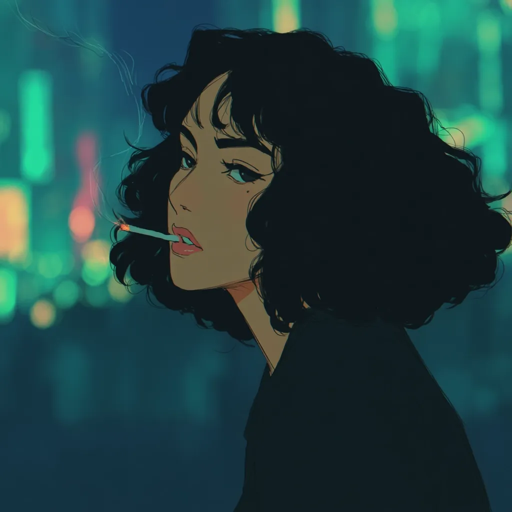A stylized illustration depicts a young woman with short, dark curly hair, smoking a cigarette.  She's positioned in profile against a blurred backdrop of teal and green city lights at night. The overall aesthetic is moody and atmospheric, suggestive of a pensive or melancholic mood.  Her expression is subtly serious, and the smoke adds to the dreamy, nocturnal ambiance.