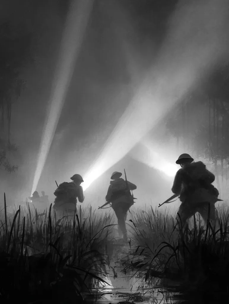 A monochromatic illustration depicts soldiers wading through a marshy area at night.  Illuminated by powerful searchlights cutting through the fog, the soldiers' silhouettes are stark against the dark, indistinct background.  Their forms are slightly blurred, suggesting movement and the hazy atmosphere. The scene evokes a sense of mystery and wartime tension.