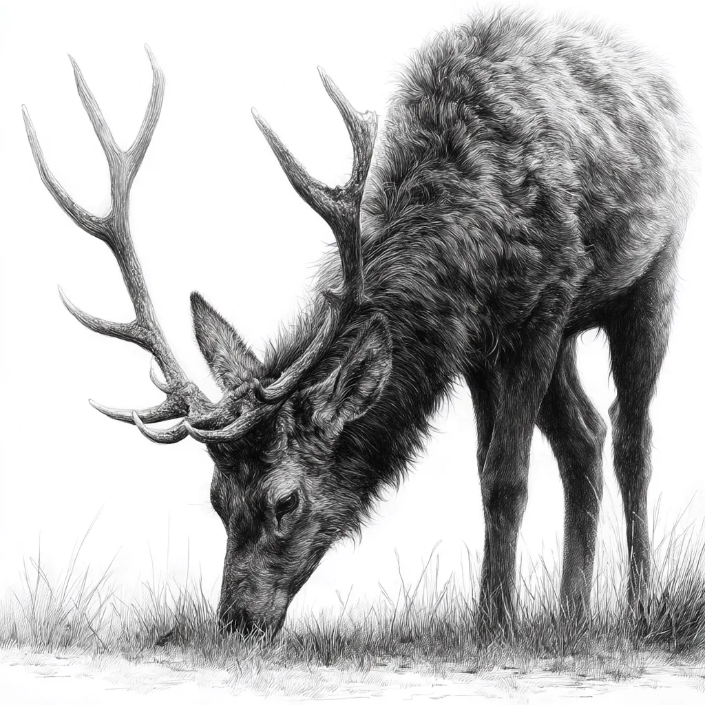 A detailed pencil sketch depicts a stag with large antlers, bending down to graze in a patch of grass.  The artist masterfully renders the deer's thick, textured coat and the delicate strands of grass, creating a striking monochrome image.  The stag's focused posture and the fine detail work highlight the beauty and wildness of the animal.