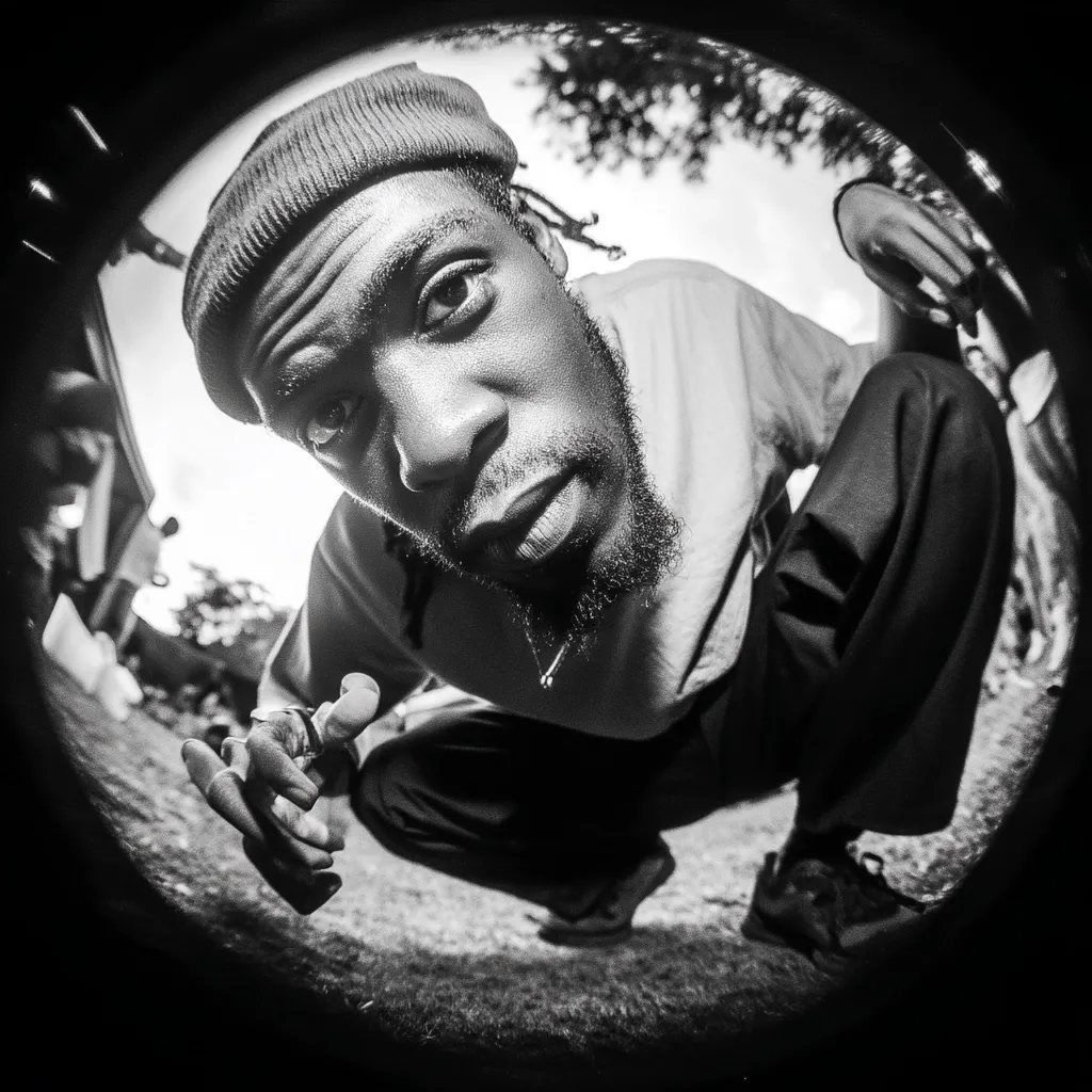 A black and white fisheye lens photograph captures a young man crouching low to the ground. He wears a beanie, loose-fitting shirt, and dark pants.  His gaze is intense, directed at the viewer.  The background is blurred, suggesting an outdoor setting with trees and hints of other people. The image has a gritty, urban feel.