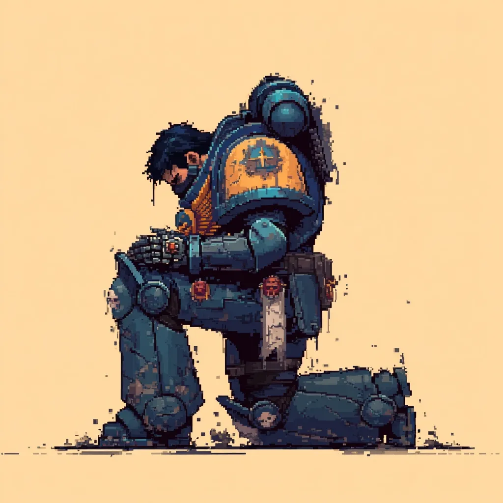 A pixel art depiction of a Space Marine, clad in weathered blue power armor with gold trim, kneels on a dusty battlefield. His head is bowed, conveying a sense of sorrow or prayer. The armor shows signs of battle, with dirt and damage visible. The overall style is reminiscent of video game aesthetics, combining detailed character design with a pixelated texture. The background is a muted beige, focusing attention on the lone figure.