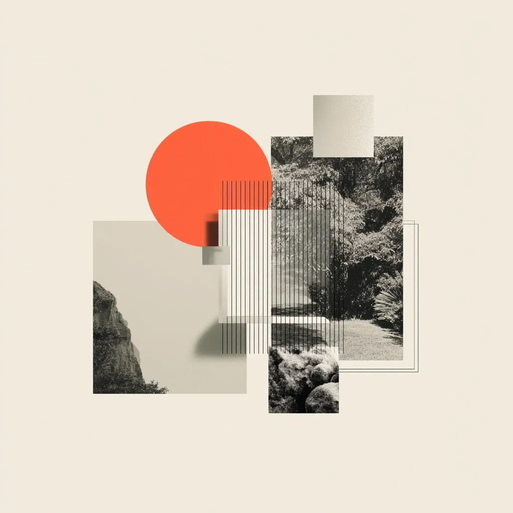 An abstract collage features a vibrant orange circle juxtaposed against grayscale images of landscapes.  Geometric shapes and lines overlay the photographic elements, creating a sense of depth and layering.  The grayscale images depict a rocky cliff, a lush garden, and a pile of stones, suggesting natural scenes. The overall aesthetic is minimalist and modern.