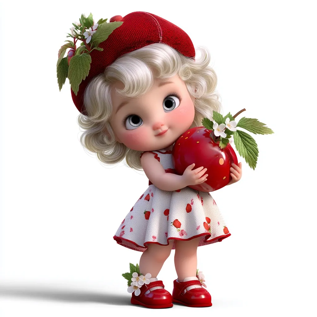 A charming 3D-rendered girl with blonde curls wears a red beret and a strawberry-patterned dress.  She holds a large, shiny red strawberry, adorned with delicate white blossoms. Her large eyes and rosy cheeks give her an adorable, innocent expression.  She's wearing red shoes, completing her sweet, strawberry-themed outfit.