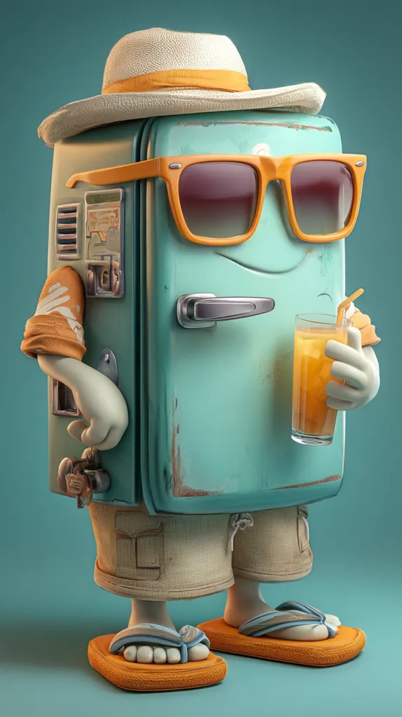 A whimsical 3D rendering depicts a vintage teal refrigerator anthropomorphized as a vacationer.  Sporting a straw hat, orange sunglasses, khaki shorts, and flip-flops, it holds a glass of orange juice.  The refrigerator's slightly worn paint adds to its character, suggesting a well-loved, nostalgic summer vibe.  The overall style is playful and charming.