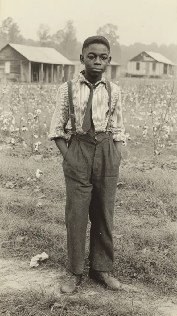 A young Black boy stands in a cotton field, his hands in his pockets. He's dressed in a striped shirt, dark trousers held up by suspenders, and a tie.  Two simple houses are visible in the background, suggesting a rural setting. The overall tone is somber, highlighting the boy's serious expression amidst the agricultural landscape.  The monochrome photograph captures a poignant moment of childhood in a seemingly impoverished environment.