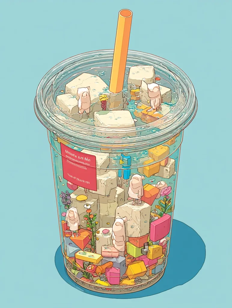 A large transparent cup filled with a liquid and various colorful objects is depicted.  Small, cloaked figures are scattered amongst cube-shaped items resembling tofu or ice cubes.  Brightly colored candies or blocks are interspersed with small flowers and plants. A straw protrudes from the top. The illustration style is whimsical and surreal, resembling a miniature world within a drink.  A label on the cup adds to the whimsical scene.
