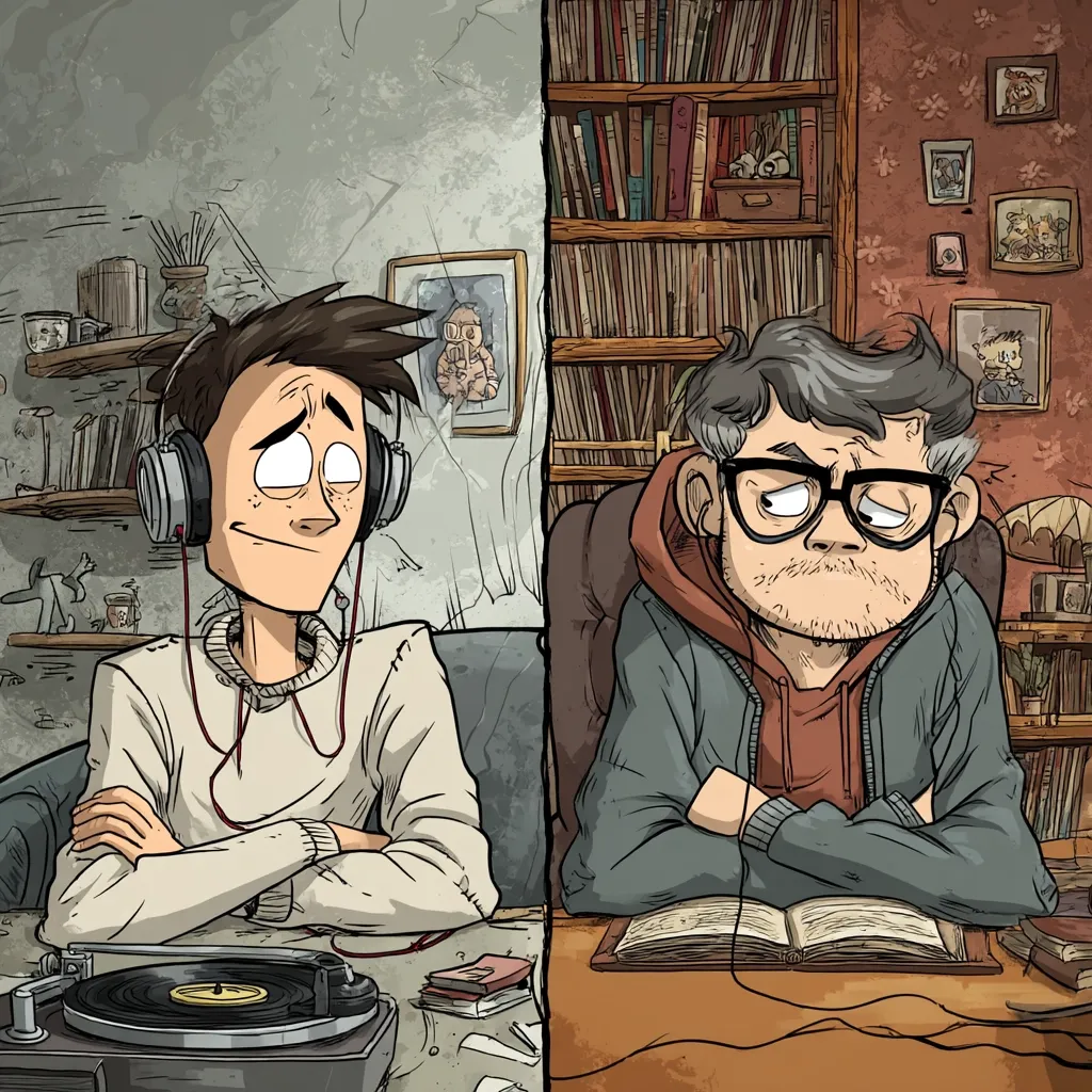 The illustration depicts two young men seated at a table, divided by a stark line.  One, wearing headphones, sits before a turntable, exuding a relaxed, almost amused expression. The other, with glasses and arms crossed, is engrossed in a book, presenting a more serious demeanor.  Their contrasting environments—one cluttered yet cozy, the other book-lined and studious—highlight their different personalities and interests.