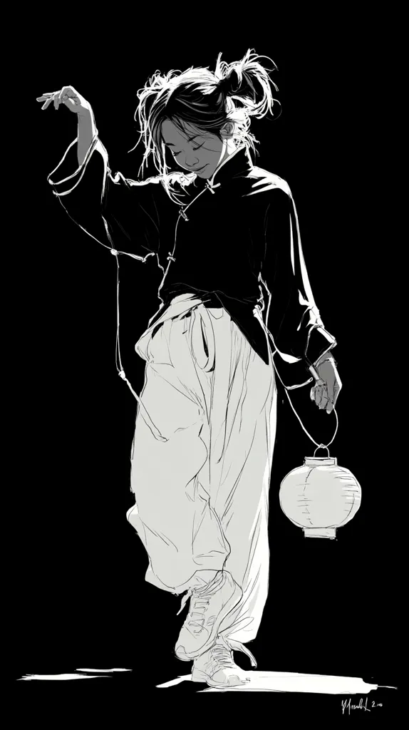 A monochromatic illustration depicts a young woman, possibly of Asian descent, elegantly poised in a flowing, loose-fitting outfit.  Her dark, loose-fitting top contrasts with lighter, wide-legged pants. She holds a traditional paper lantern, adding to the artistic composition's serene yet slightly mysterious mood. Her pose suggests movement or a moment of quiet contemplation. The style is expressive and evocative, emphasizing lines and shading to create depth and form.