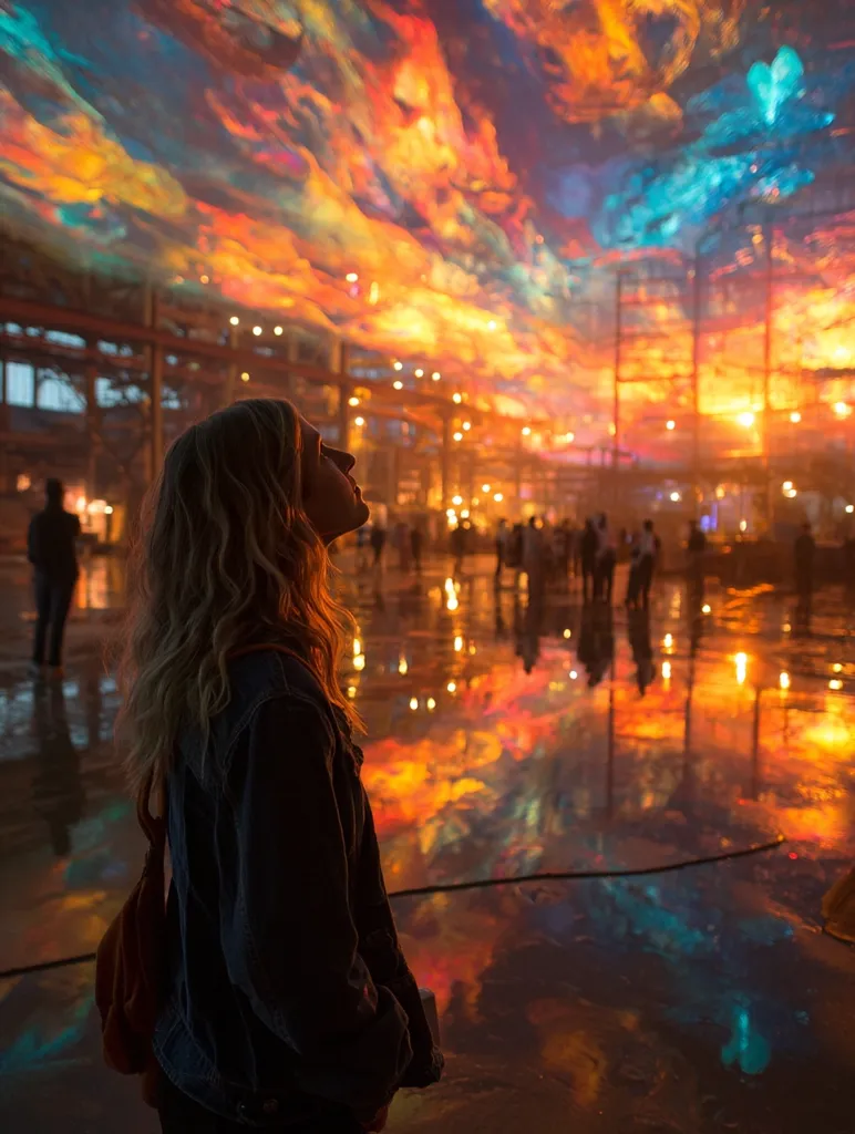 A young woman with long, wavy blonde hair stands in awe, gazing upwards at a breathtaking, vibrant ceiling.  The ceiling is a mesmerizing display of swirling, colorful lights resembling a painted sky, reflecting onto a wet ground.  The scene is set within a large, industrial-looking space, with figures faintly visible in the background, adding to the surreal atmosphere.  The overall effect is dreamlike and captivating.