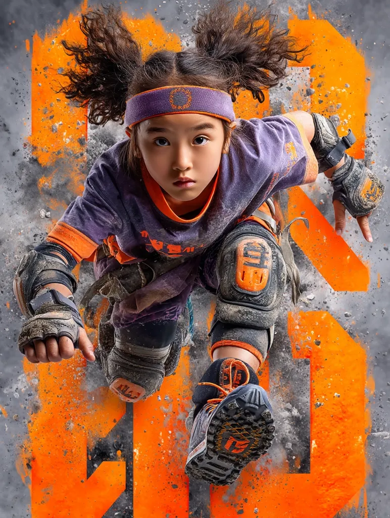 A dynamic image showcases a young girl, possibly an athlete, in mid-leap.  She's dressed in protective gear—knee pads, elbow pads, and gloves—and a purple headband.  Her wild, curly hair adds to the energetic feel.  The background features a stylized orange and gray design, suggesting speed and motion.  The overall impression is one of youthful power and determination.