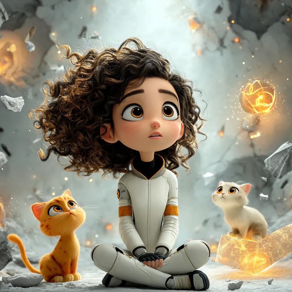 A charming, large-eyed cartoon girl with curly brown hair, wearing a white space suit, sits cross-legged.  Two adorable cartoon cats, one orange and one white, flank her.  The background depicts a crumbling, grey landscape with glowing, magical particles, suggesting a fantastical or science fiction setting. The girl gazes upward with a pensive expression.