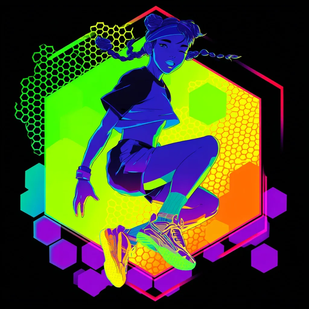A vibrant digital illustration showcases a young woman mid-leap, her body silhouetted in electric blue against a bright green and orange hexagonal backdrop.  She's depicted in athletic attire, sporting sneakers and pigtails, her expression energetic and confident. The neon colors and dynamic pose create a sense of motion and futuristic energy.  The overall style is reminiscent of graphic design and anime aesthetics.