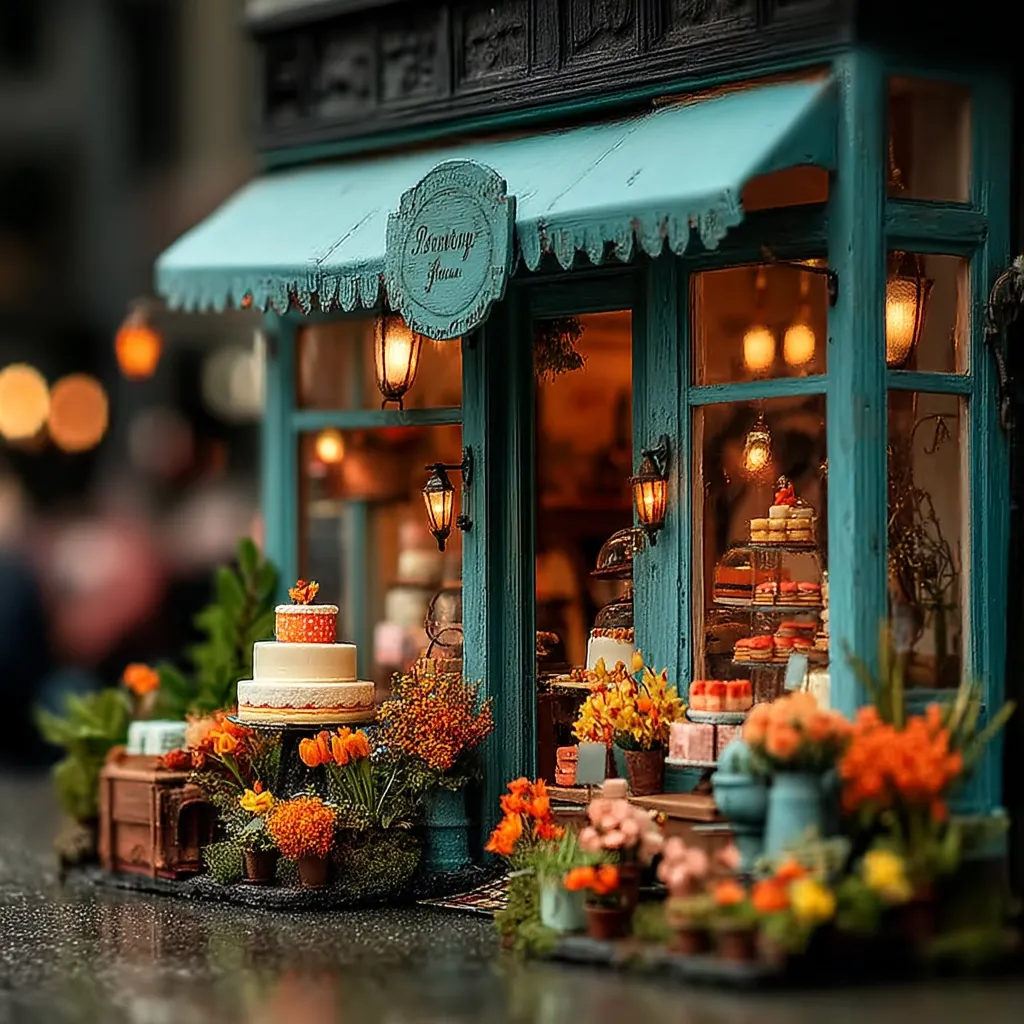 A charming miniature teal bakery, "Bonbon House," is showcased.  Warm lighting illuminates the interior, displaying an array of cakes and pastries.  The storefront is adorned with autumnal flowers in vibrant orange and yellow hues, adding to the cozy ambiance. A beautifully decorated cake sits prominently outside, completing the picturesque scene.