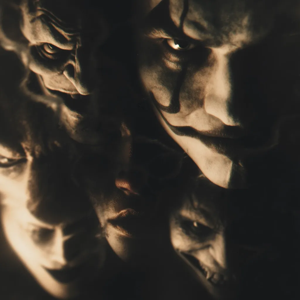 A close-up, darkly lit image depicts multiple faces seemingly merged together. A sinister clown face dominates the center, its sharp features and unsettling smile prominent.  Surrounding it are other grotesque faces, their expressions ranging from menacing to sorrowful. The overall effect is one of unsettling ambiguity and lurking horror.  The dark tones and blurred edges create a sense of mystery and unease.
