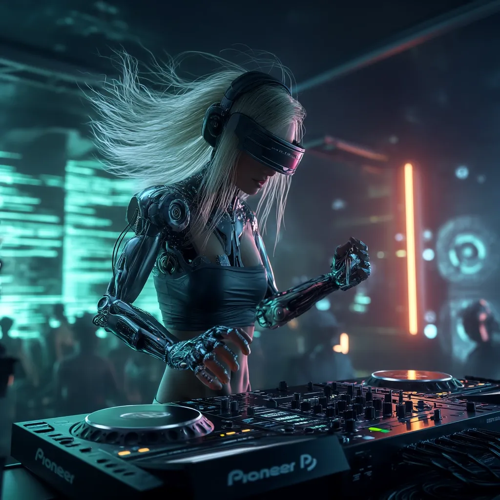 A cyberpunk-style female DJ, with flowing blonde hair and robotic arms, mixes music on a Pioneer DJ setup.  She wears a headset and futuristic visor, illuminated by vibrant neon lights in a crowded, futuristic club.  Her mechanical arms blend seamlessly with her body, creating a visually striking image of technology and artistry merging in a dynamic nightlife scene.