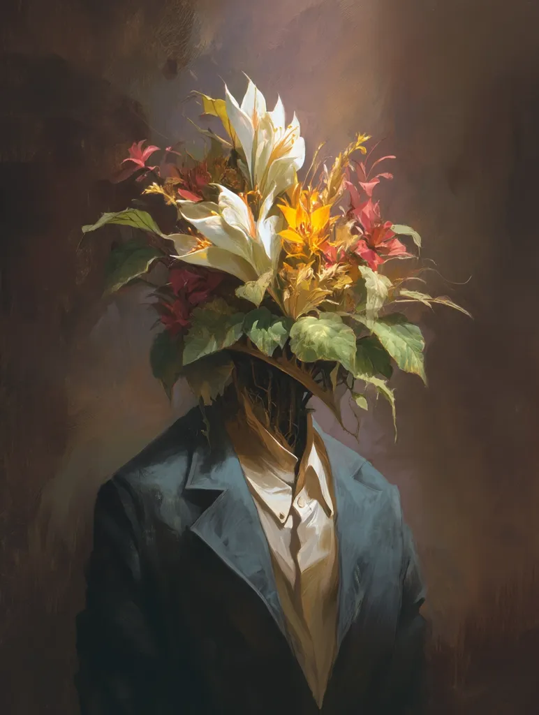 A surreal painting depicts a figure in a teal suit.  Instead of a head, a vibrant bouquet of lilies, yellow and red flowers, and lush green leaves sprouts from a seemingly wooden neck. The dark background contrasts with the bright, richly colored flowers, creating a dramatic and enigmatic effect. The image blends elements of nature and human form in a captivating, artistic style.
