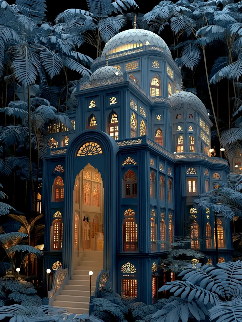 A digitally rendered image showcases a teal-blue mosque nestled within a lush, dark forest.  The mosque is intricately detailed, with illuminated windows and arched doorways, showcasing Islamic architectural style.  The warm light emanating from within contrasts with the cool tones of the building and surrounding foliage, creating a serene and mystical atmosphere.  The scene suggests a hidden oasis or a place of quiet contemplation.