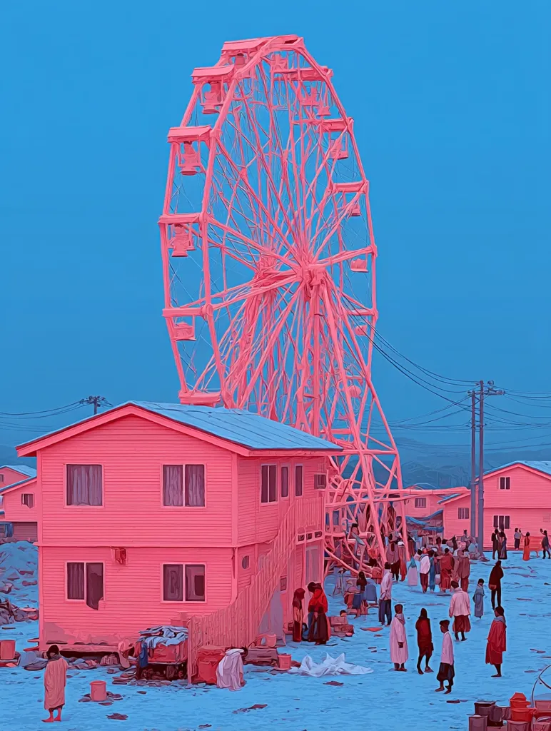 A large pink Ferris wheel dominates the scene, standing tall against a clear blue sky.  Pink houses, uniformly painted, cluster beneath it, creating a surreal, almost dreamlike atmosphere.  People in muted clothing are scattered around the buildings, providing a sense of scale to the oversized amusement park structure. The overall palette is soft and pastel, lending a whimsical yet slightly unsettling quality to the image.  A snowy ground covers the area, hinting at a cold climate.