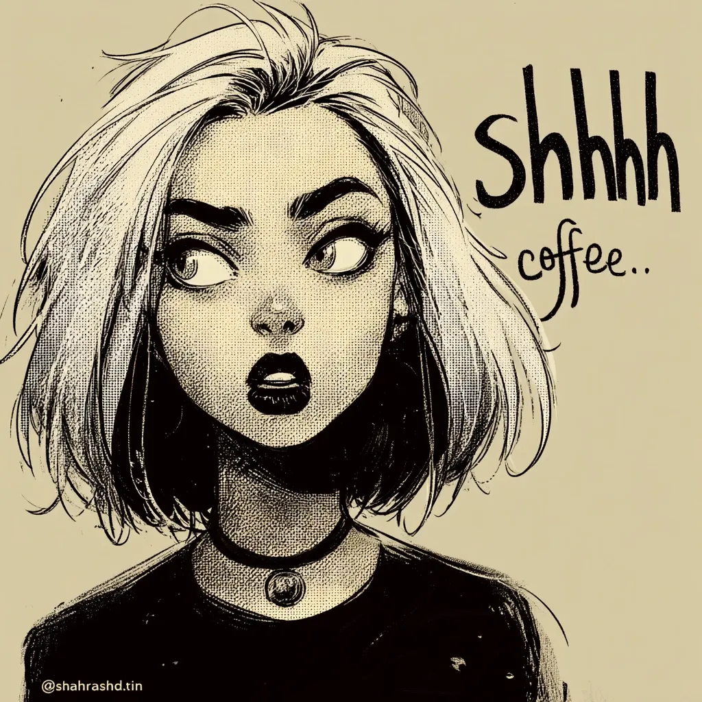 A stylized black and white drawing of a young woman with short, textured hair.  Her expression is one of quiet contemplation or surprise.  Beside her, the words "Shhh coffee.." are written in a playful, stylized font. The overall style is reminiscent of comic book art or graphic novel illustration. The background is a muted beige.
