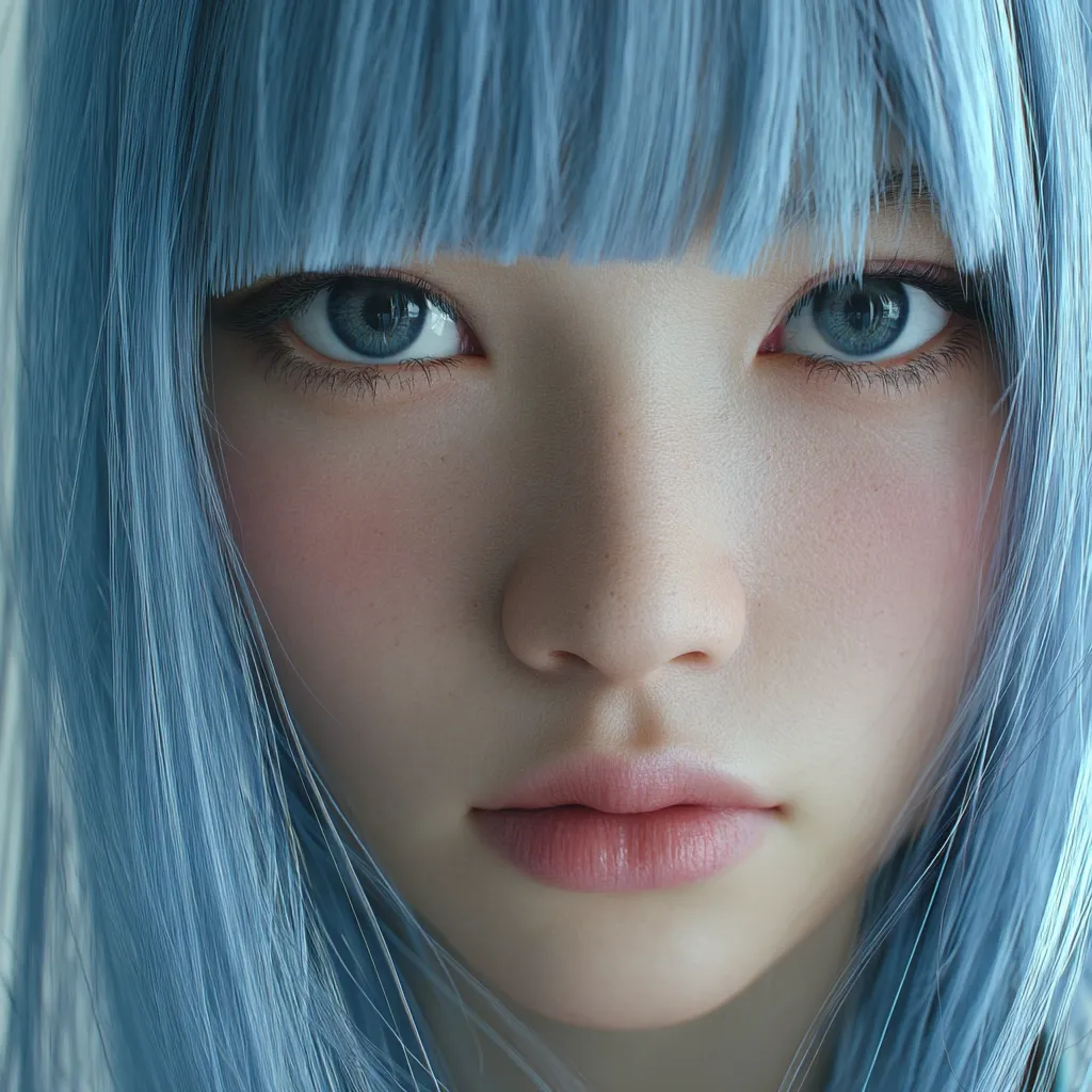 Close-up view of a digital rendering of a young woman's face.  She has pale skin, light pink cheeks, and large, expressive eyes with a serene expression.  Her hair is a striking shade of light blue, styled with blunt bangs framing her face. The image focuses on her delicate features and the soft texture of her digitally created skin and hair.